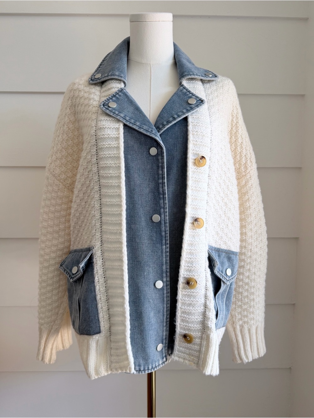 Entro Sweater Cardigan Mixed Media Denim Trim size S ( runs big)